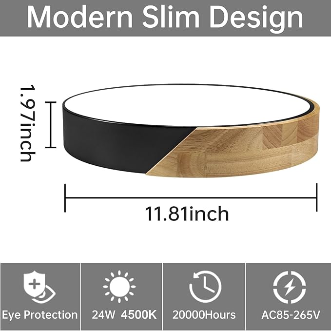 Modern Flush Mount Ceiling Light Fixture 12 Inch LED Ceiling Light, 24W Minimalist Round Shaped Wood Ceiling Lamp Natural White 4500K, Not Dimmable