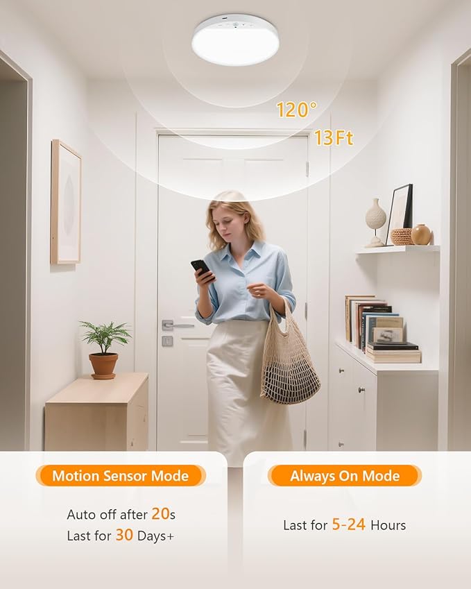 Rechargeable 6W Motion Sensor Ceiling Light Indoor, Wireless Magnetic Stick-On, Remote Control for Color & Brightness, Battery Operated Light for Shower, Closet, Bathroom, Pantry, Hallway, 2-Pack