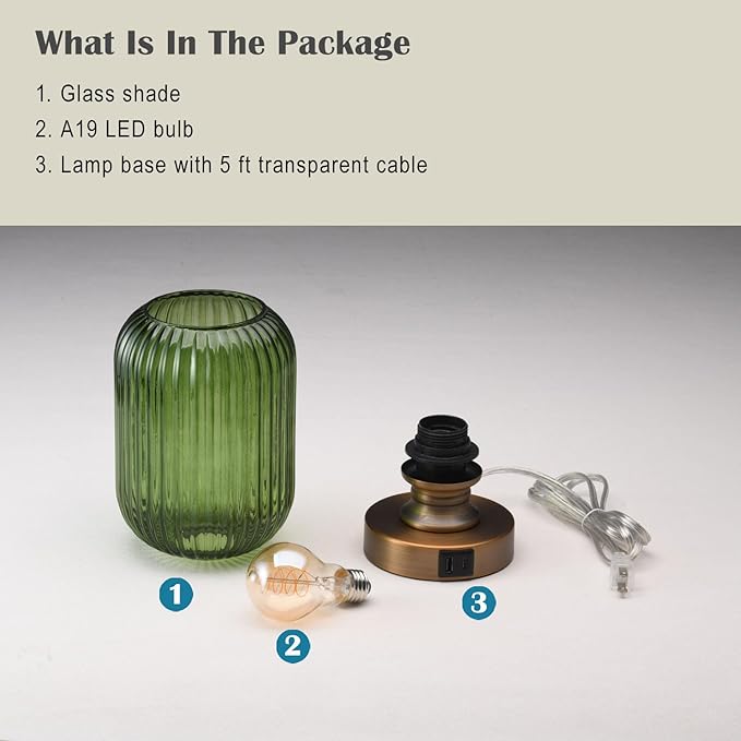 Mid Century Glass Table Lamp,Dimmable Desk Lamp,LED Bulb Included,Touch Control & USB A+C Port,Green Ribbed Glass