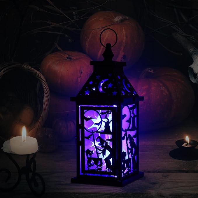 DECORKEY Halloween Decorations Indoor, 14.9" Decorative Witch & Bat Candle Lantern with 82" LED Lights(8 Modes; No Battery), Hanging Spooky Halloween Lanterns, Outdoor Home Room Door Party Decor