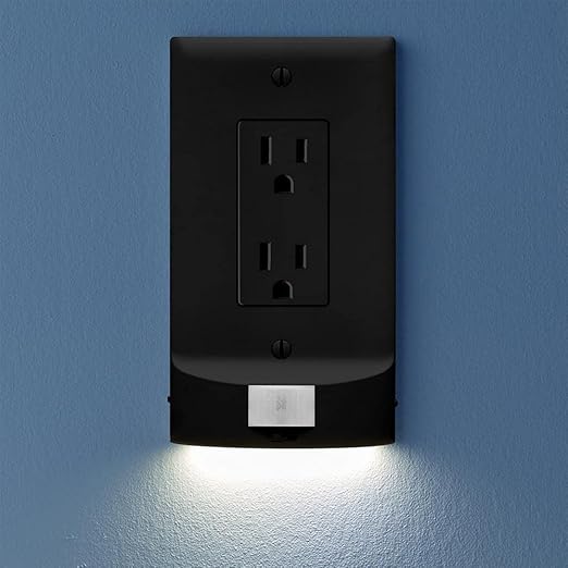 SnapPower 5 Pack MotionLight [for Décor Outlets] - Motion Detecting LED Night Lights Built-in to Wall Plate - Bright/Dim/Off Options - Auto On/Off Sensor - (Décor, Black)
