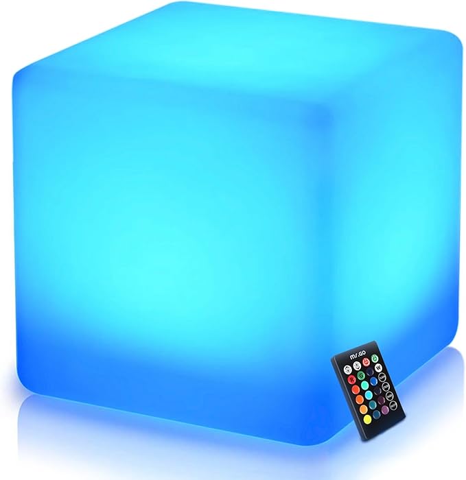 Mr.Go 16-Inch Rechargeable LED Cube Chair Light, 16 RGB Colors Glow Cube Seat w/Remote, Waterproof LED Cube Table, Color Changing Cubes Floor Lamp, Home Bedroom Patio Party Decorative Lighting