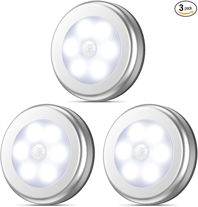 AMIR Upgraded 3.15” Motion Sensor Light, 3 Pack Stick on Cordless Battery-Powered LED Night Light, Closet Lights, Stair Lights, Safe Lights for Hallway, Bathroom, Bedroom, Kitchen (Silver - White)