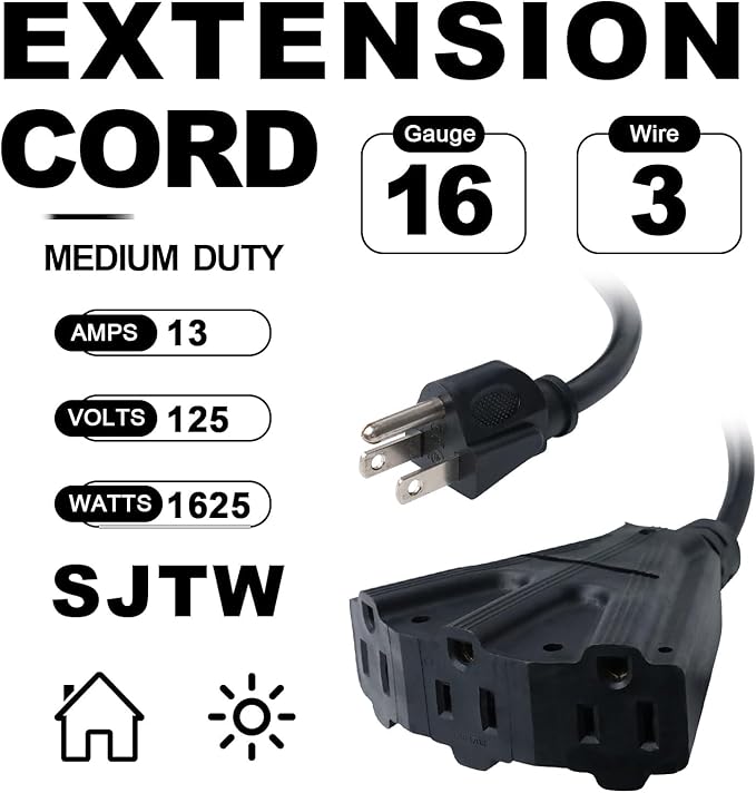 EP 2 Pack 15 Ft Outdoor Extension Cord with 3 Electrical Power Outlets - 16/3 SJTW Black Cable with 3 Prong Grounded Plug for Safety Great for Christmas Lights, Garden and Major Appliances