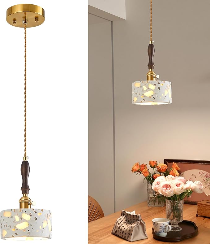 Modern terrazzo Pendant Light Fixture,Stone Pendant Lights with Wood Accent,Vintage Farmhouse Chandelier for Kitchen Island Dining Room Living Room Bedroom Restaurant Cafe