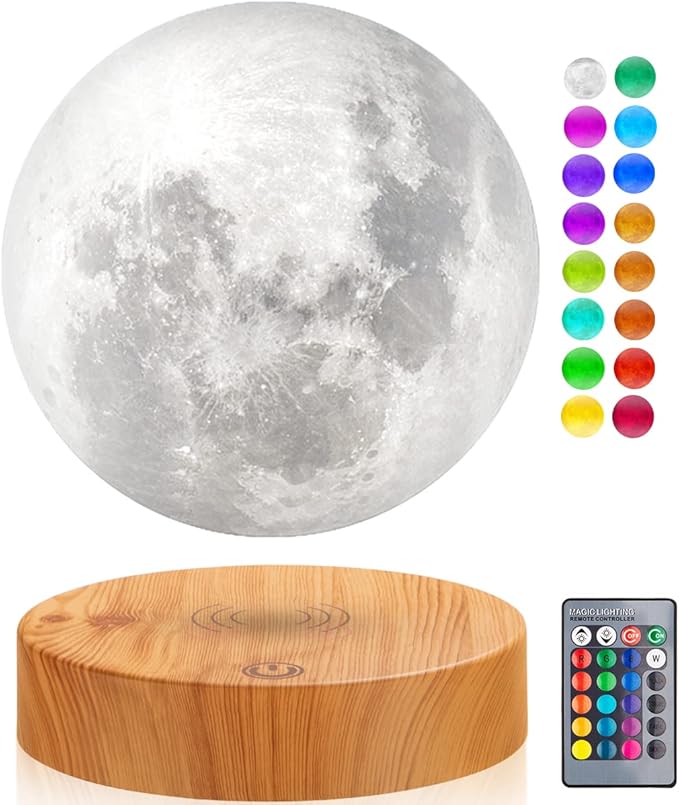 UVEHAS Magnetic Levitating Moon Lamp 16 Colors Modes Floating 3D Printing LED Moon Lamp LED Magnetic Levitation and Spinning Luna Night Lights for Home Office Decor
