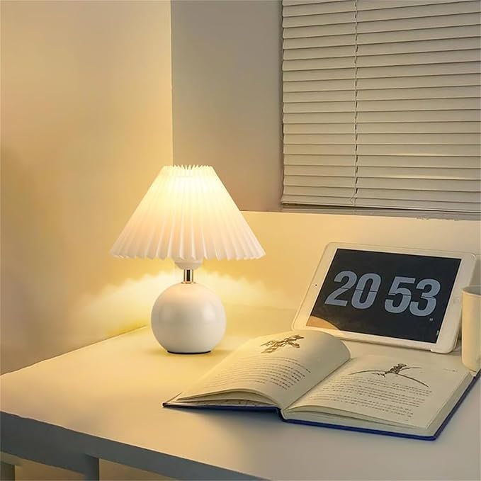 ikaufen Pleated Fabric Shade Table Lamp, Round Ceramic Base Lamp with Floral/Plain Design for Bedroom, Living Room & Desk (Off-White)