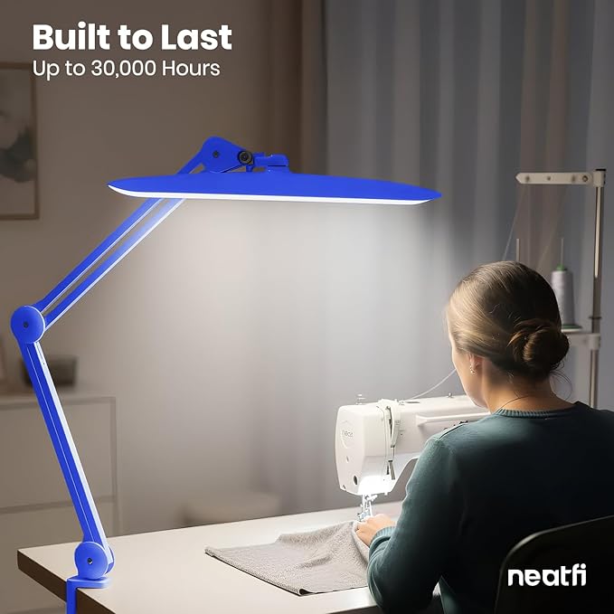 Neatfi XL LED Desk Lamp with Clamp, 2200 Lumens, 24W, 20-Inch Wide Head, Dimmable 4 Brightness Levels, Task Light for Home Office, Crafts, Workbench (Non-CCT, Sapphire Blue)