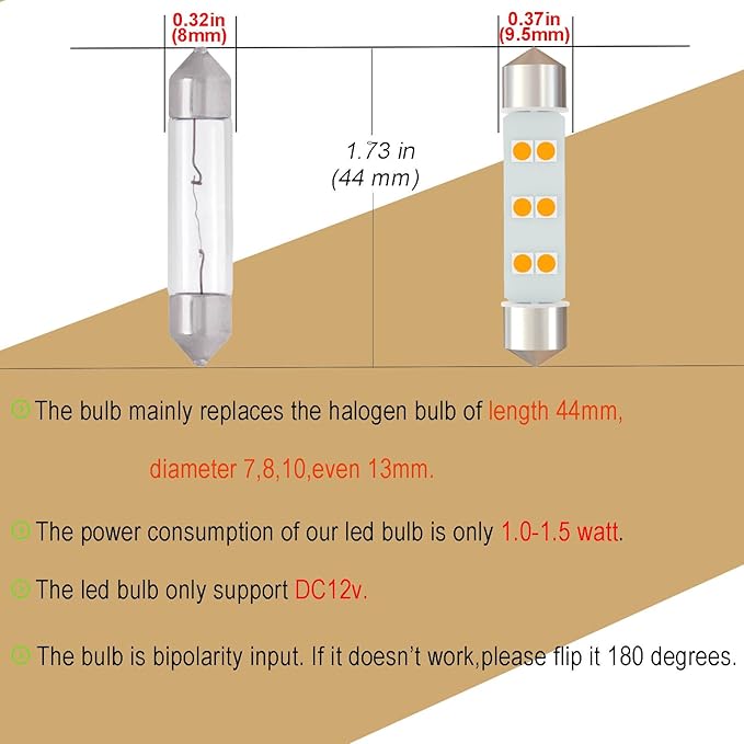 360 deg DC 12V 44mm 578 LED Festoon Bulb 569 211-2 212-2 LED Bulbs Gold Amber for Automotive Interior Dome Door Trunk Lights (Pack 6)