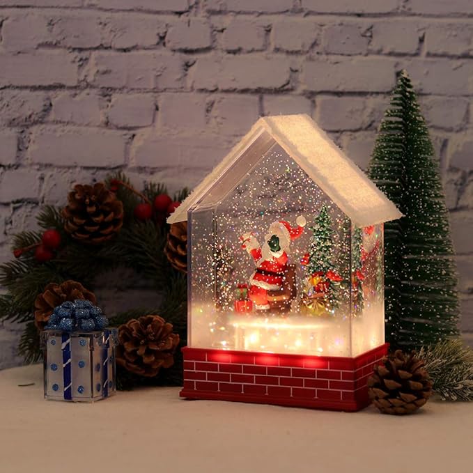 Eldnacele Musical Snow Globe House with Timer, Lighted USB/Battery Operated Swirling Singing Water Glittering Lantern, Christmas Snow Globes House Holiday Festival Decoration- Santa Claus
