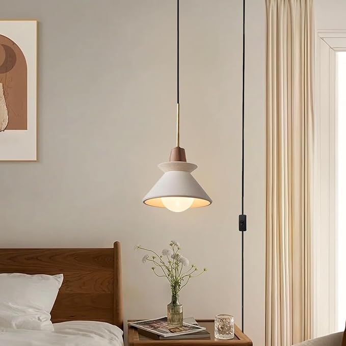 7.7" Plug in Concrete Pendant Light, Nordic Wabi Sabi Pendant Lamp with Wood Accent White Cement Pendant Light Minimalist Lamp for Living Room Bedside Kitchen Island Dining Room Apartment Dorm