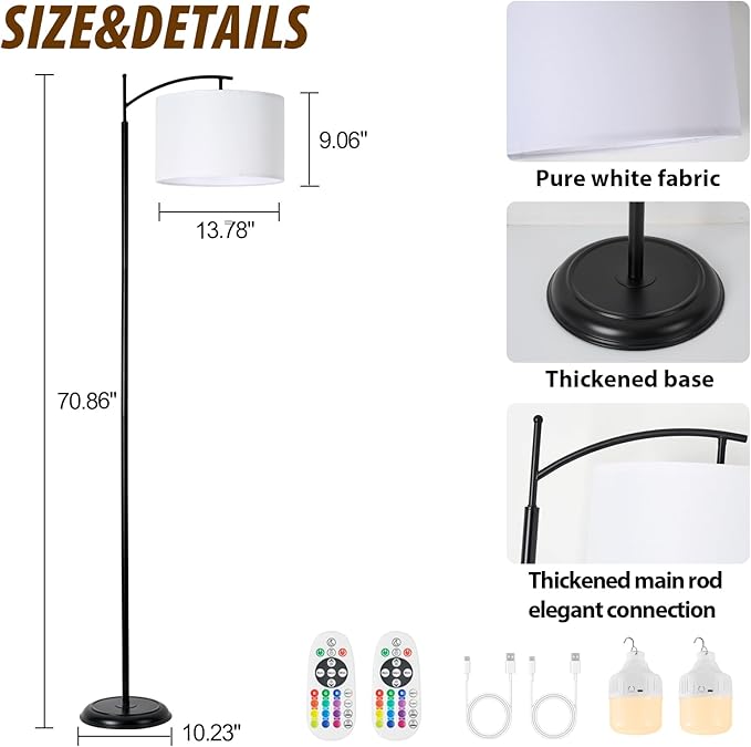 2-Light Cordless Floor Lamp, Weighted Base Ultra Stable, Dual-Bulb 2X Brighter, 3 Color Temperatures Dimmable with RGB Remote, Cordless Standing Lamp for Bedroom Living Room Office Porch