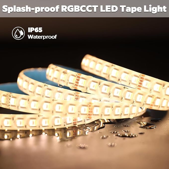 IP65 Waterproof RGBCCT LED Strip, 24V 5m 16.4ft 5050 560 LEDs 12mm Width Flex Cut to Length Dimmable RGBWW LED Strip Light for Damp Environment (16.4Ft IP65 Waterproof)