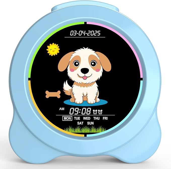 Kids Alarm Clock Sun & Moon& Dog LED Display with Day & Date OK to Wake Clock with Night Light for Kids Children's Sleep Trainer Gift for Boy and Girls