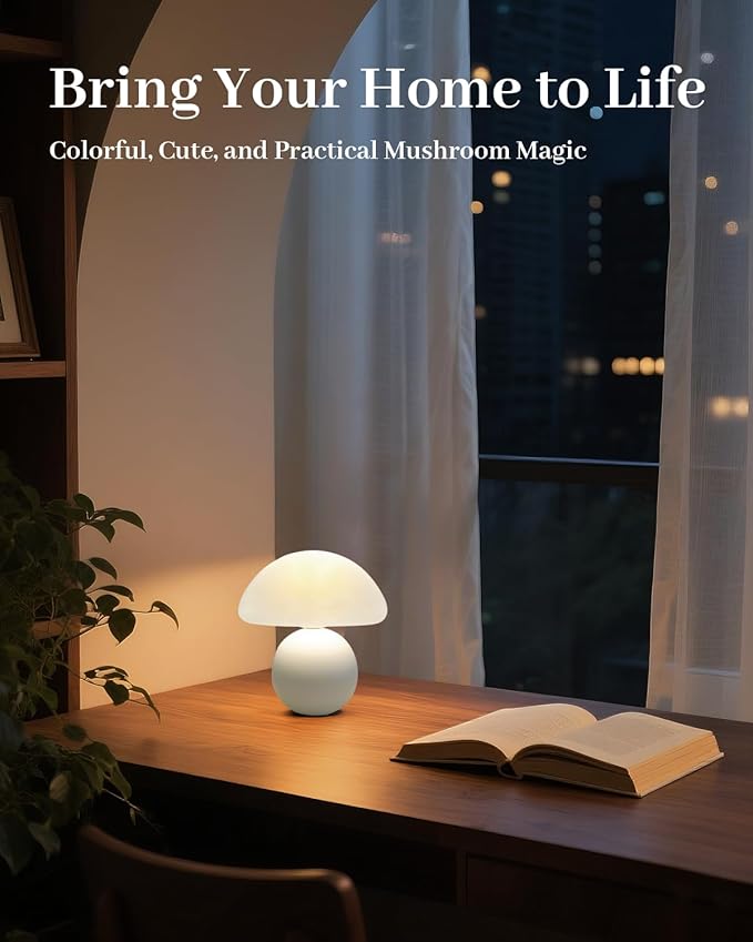 Mushroom Lamp Table Lamp for Bedroom,Desk Bedside Small Lamps for Living Room Night Stands,Mushroom Decor Cute Mini Modern Mid Century Lamps,Unique Aesthetic Home Living Room Decor(White)