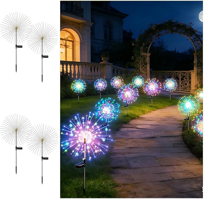Solar Fireworks Lights for Outside, 150LED 8 Modes Fireworks Solar Lights Outdoor, Fairy Garden Flowers Lights for Yard Pathway Wedding Party Christmas Diwali Garden Decor 4Pack (Multicolor)