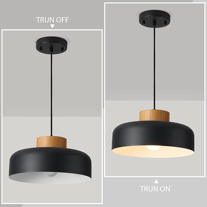 Modern Farmhouse Pendant Lights, 12.6 inch,Natural Wood Cap, Small Simple Ceiling Light Fixture for Kitchen Island, Dining Area, Matte Black