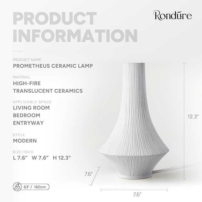 RONDURE 12.3" Modern Ceramic Table Lamp, Modern Bedside Lamps for Bedroom, Living Room and Nightstand, White Translucent Ceramic Shade, Warm Ambient Lighting, Home Decor