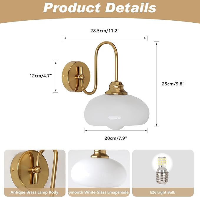 KCO Lighting 1-Light Vintage Bathroom Wall Sconces Gold Globe Wall Sconce Lighting Brushed Brass Bedroom Wall Lighting Milk Glass Wall Light Industrial Wall Lamp for Hallway Porch