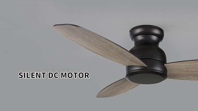 CEME 48 Inch Flush Mount Ceiling Fan without Lights, Black Ceiling Fan with Remote Low Profile, 10-Speed Reversible DC Motor, 3 Dual Finish Blades, Indoor for Bedroom