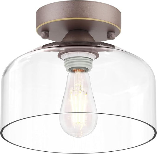 Semi Flush Mount Ceiling Light Bronze, Clear Glass Pendant Lamp Shade, Modern Farmhouse Light Fixture for Hallway Corridor Kitchen Entryway Bedroom, Bulb Not Included