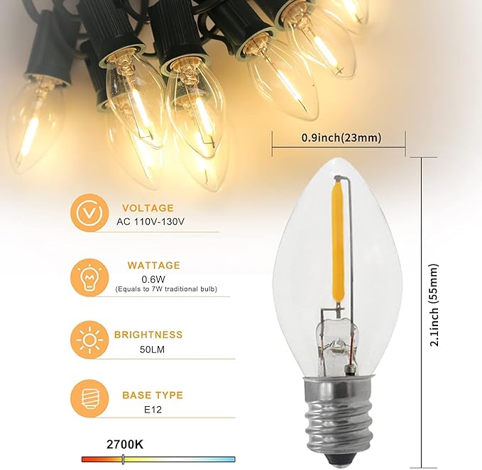 Set of 2 Accessory Cord with 2 C7 Led Light Bulb 6Ft Light IndoorString Lights, Candelabra-Base E12 Socket C7 Lamp for Halloween and Christmas Decorations, Craft Village House Decoration