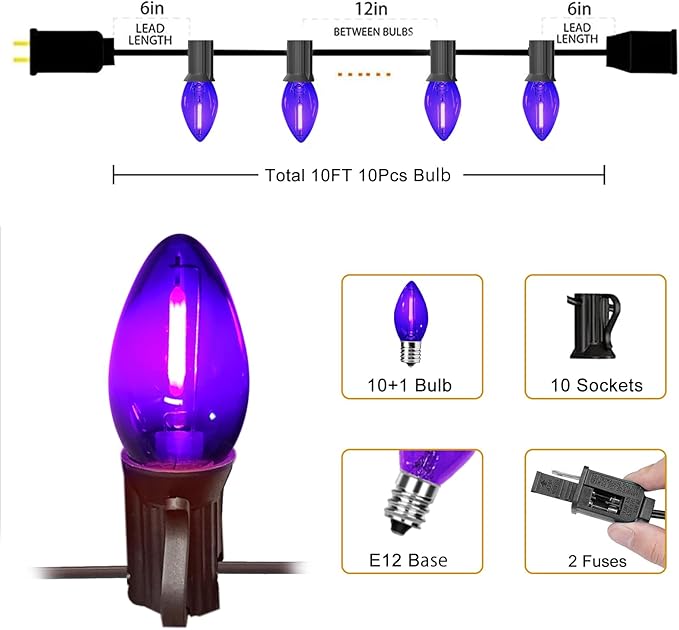 C7 Purple Halloween Lights Outdoor Indoor, 10FT Waterproof LED String Lights with Black Wire for Patio, Window, Door, Party Backdrop Décor