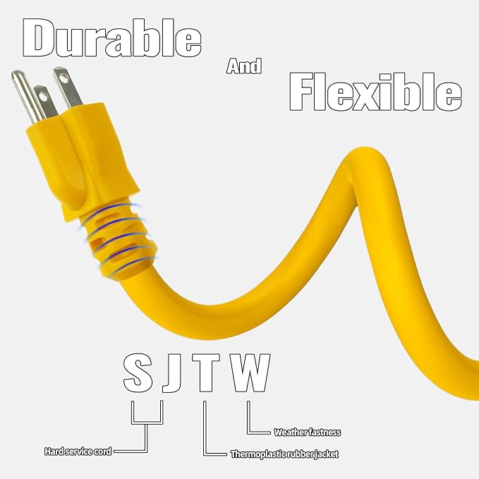 10 Ft Outdoor Extension Cord - 12/3 SJTW Heavy Duty Yellow Extension Cable with 3 Prong Grounded Plug - Power Cord for Lawn, Garden, Appliances