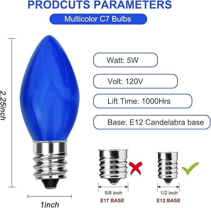 25 Pack C7 Ceramic Christmas Replacment Bulbs, Blue Light Bulbs for E12 Candelabra Base Outdoor/Indoor Christmas String Lights, 5 Watt