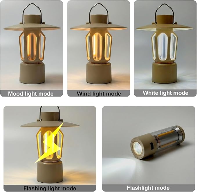 Retro Rechargeable LED Camping Lantern, 400LM 2000mAh, IPX4 Waterproof with Stand/Magnetic Base/Hook, 5 Light Modes, Rechargeable Vintage Lantern for Camping, Hiking, Power Outages, Gifts