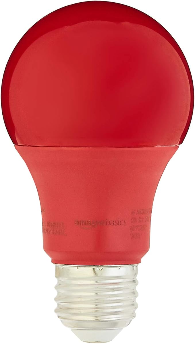 Amazon Basics A19 Red Color Party LED Light Bulbs,60W Equivalent,9W Energy Efficient,E26 Standard Base,Non-Dimmable,10,000 Hour Lifetime,2 Count (Pack of 12)