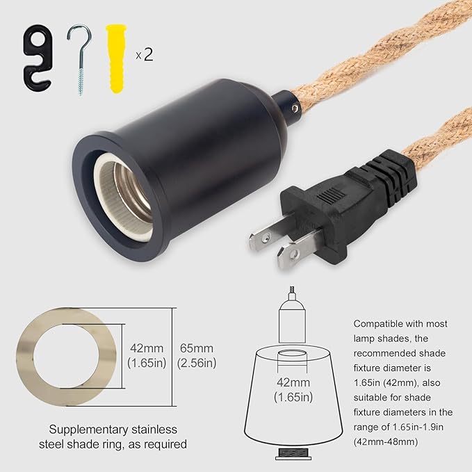 Pendant Light with Plug in Cord Hanging Vintage Hemp Rope Swag Lamp Kit Twisted Lantern Cords with Switch Replacement Industrial Farmhouse DIY Fixtures Porcelain Socket Set Black Holder 15ft 2Pack