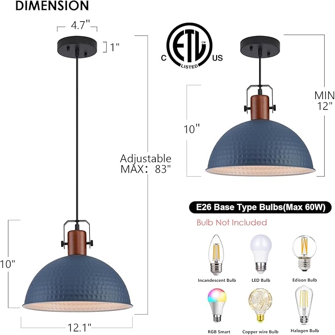 12 Inch Blue Pendant Lights Hammered Matte Pendant Lights for Kitchen Island Industrial Farmhouse Adjustable Height Dome Hanging Light Fixtures for Barn, Dining Room 2 Packs
