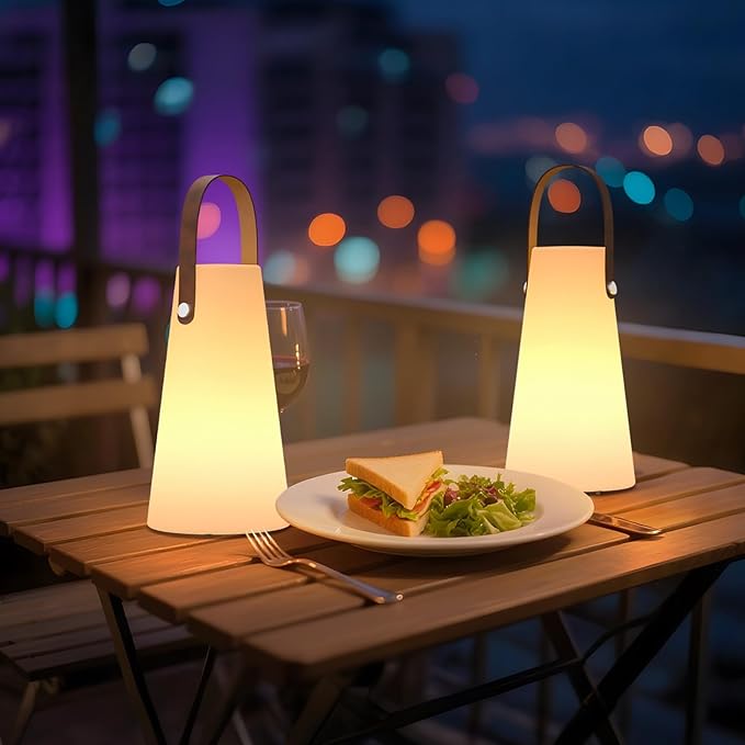 2 Pack Outdoor Lanterns, GGII Rechargeable Camping Lantern with IP44 Waterproof, Battery Operated Outdoor Portable Cordless Table Lamp with RGB Lights for Patio Terrace Balcony Garden (Leather Handle)
