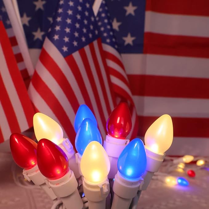 4th of July Decoration Patriotic LED C3 Glass Mini Lights 50 Count Red White Blue Plug in String Lights 120V ETL Cerfified Plug in for Indoor Outdoor Christmas Party Patio Independence Day Decoration
