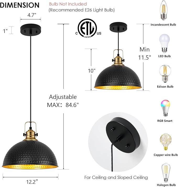 Black Pendant Lights Kitchen Island Industrial Pendant Light Fixtures Dome Kitchen Island Lights Modern Pendant Lighting for Bar Farmhouse Dining Room Bedroom Hallway（2 Packs）