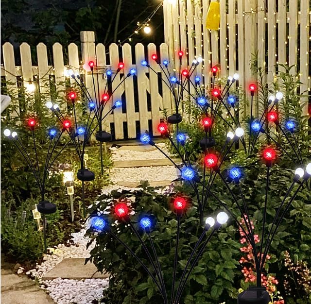 Solar Powered Garden Lights, Red White Blue Firefly Branch Lights, LED Decorative Stake Lights for Outdoor Pathway, Lawn, Patio (Candle Style, 4)