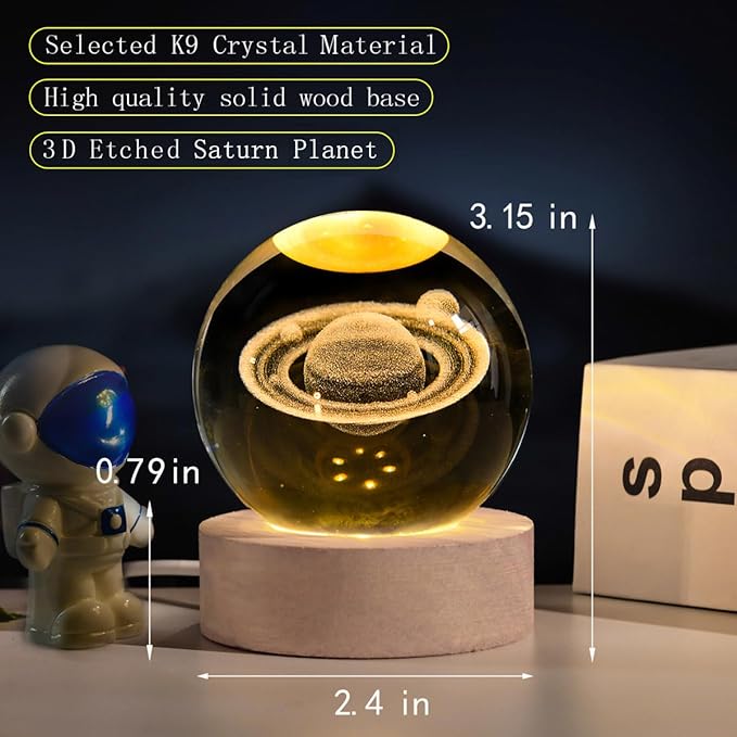 3D Saturn Crystal Ball with LED Stand, 60mm Glass Sphere Decorative Balls, Space Planet Galaxy Lamp Night Light Gifts for Women Kids