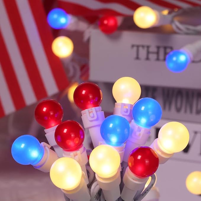 Red White Blue Christmas Lights White Wire - G15 Glass 50 Count 4th July Decoration Patriotic Mini String Lights for Indoor Outdoor Xmas Holiday Party Patio Independence Day Decoration