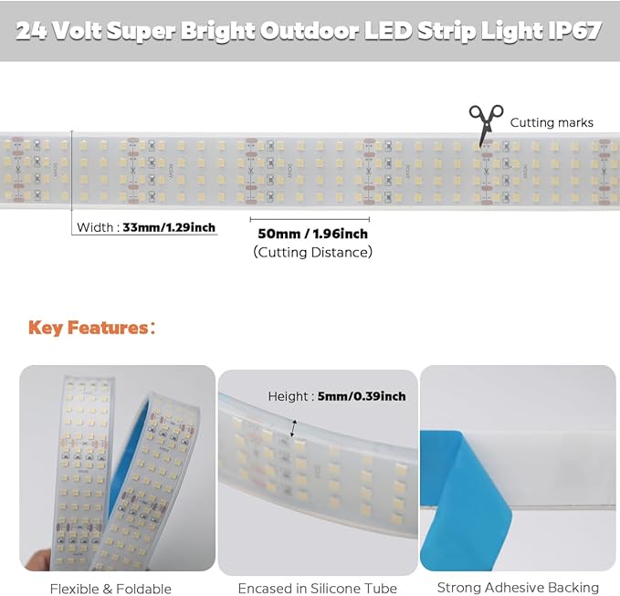 Quad Row Bright Outdoor IP67 Waterproof LED Light Strip 5M, 24V 2400 LEDs 17,650 lm/Roll High Output 6000K Daylight White CRI90+ 2835SMD 33mm Wide LED Strip Light with Adhesive (5m/16.4ft 6000K IP67)