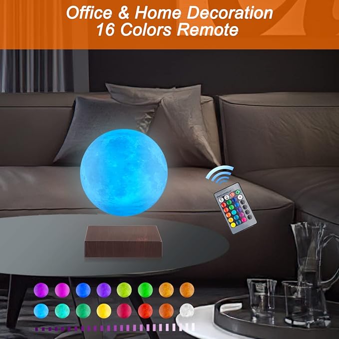 UVEHAS Levitating Moon Lamp, Floating and Spinning 3D Moon Light Magnetic Levitation Lunar Night Lights Unique Holiday Birthday Gifts Room Table Desk Decoration, 16 Colors LED Moon