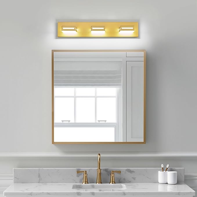 24-Inch 3-Light LED Modern Gold Bathroom Vanity Light Fixtures Over Mirror, Bathroom Lighting Fixtures with Cool White 6000K, Vanity Wall Lights for Bath Restroom Powder Room