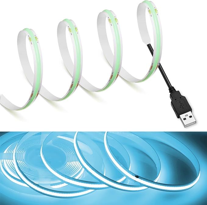 MDee】COB LED Strip Lights Iceblue 4.92ft/1.5m USB Powered 5V Flexible LED Tape Lights with USB Connector CRI 90+ 800LM/m 320LEDs/m for Indoor and Outdoor Décor（Iceblue4.92ft/1.5m）