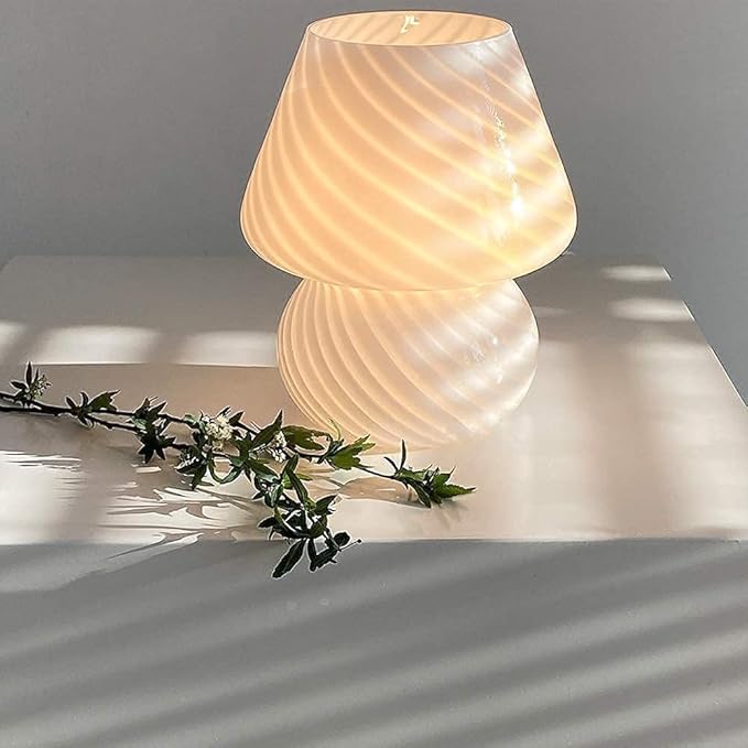 Translucent Table Mushroom Lamp Italian Style Modern Striped Glass Bedside Lamps Desk Light, Used for Baby Home Decoration of Dining, Living, Study,Gift