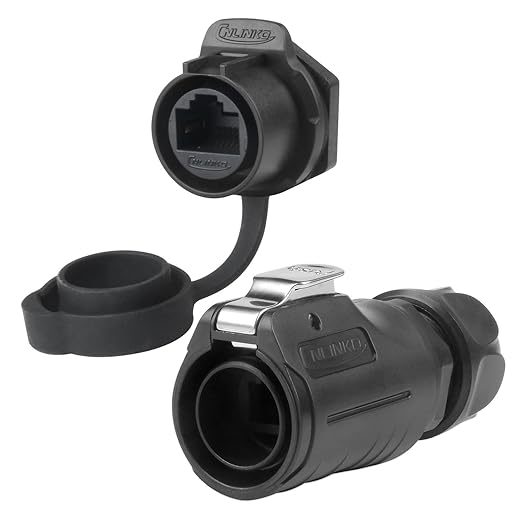 CNLINKO LP-20 RJ45 Waterproof Connector Set, CAT6 Ethernet Connector 8P8C Dual Port Connector Panel Mount Receptacles Socket IP68 Waterproof Connector (Black RJ45 Single-Hole Set)