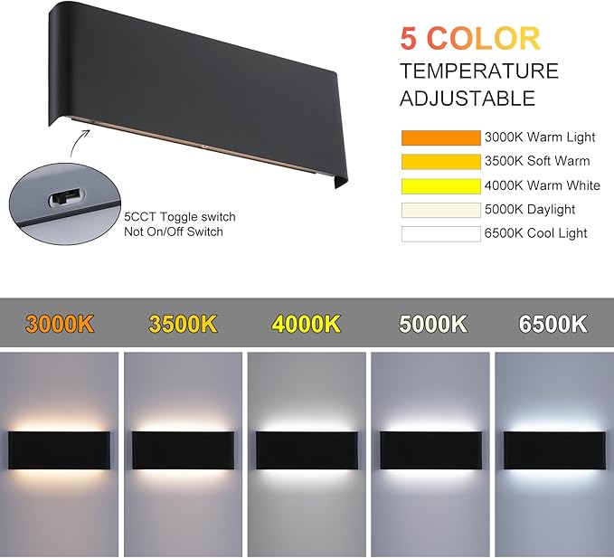 5 CCT (3000K-6500K) Adjustable Dimmable Wall Lamp 15W Modern Black LED vanity light Up and Down Wall Lighting 11 Inch Indoor Wall Sconce for Bedroom Staircase Hallway Dressing Table 2 Pack