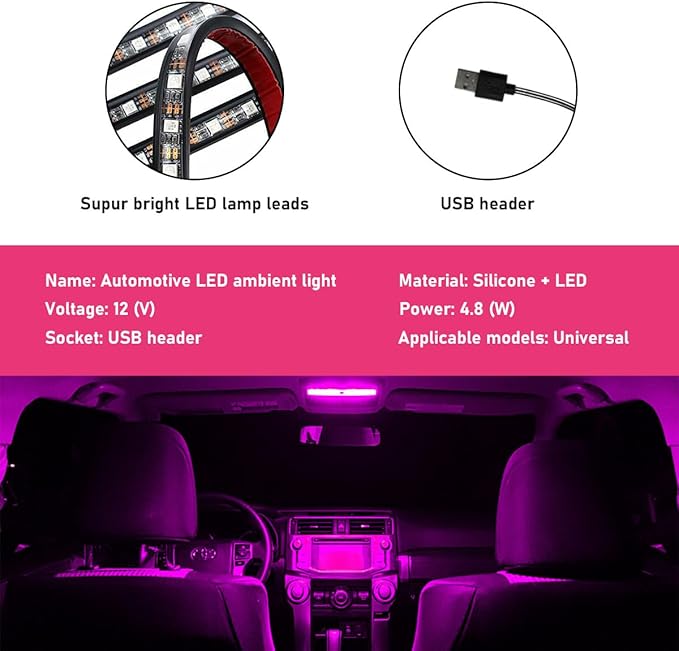 Car LED Strip Light, 24 LEDs RGB Neon Interior Atmosphere Lights, 12V Under Dash Ambient Night Light, USB Port Auto Interior Decorative Lamp, Universal Car Accessories (Pink Purple)
