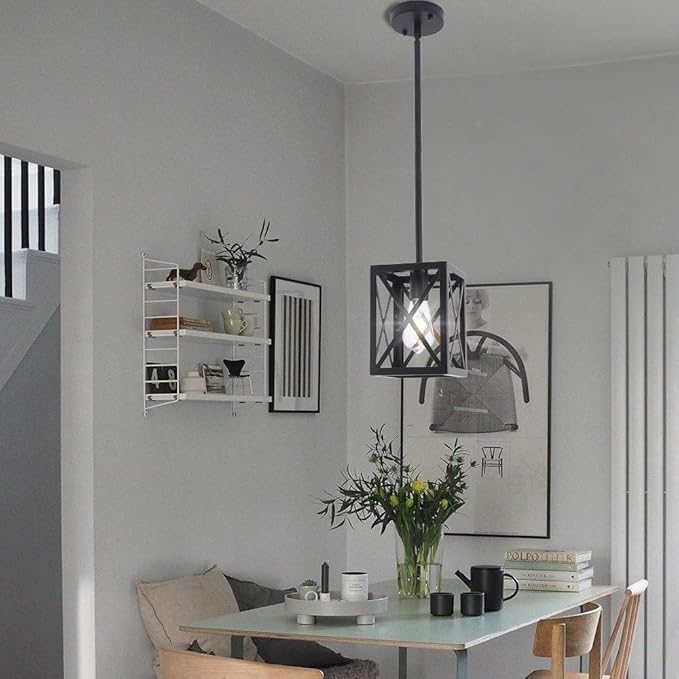 Industrial Pendant Light Fixture, Single Light Black Mini Hanging Chandelier Farmhouse Kitchen Island Lantern Cage Ceiling Lights for Dining Room Restaurant Cafe Hallway Bar Barn