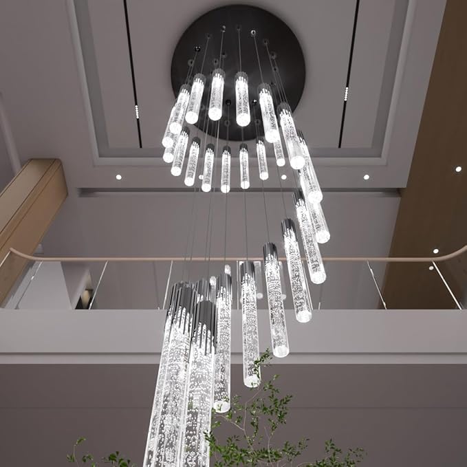 Flashing God Black 28 Lights Large Foyer Chandeliers for High Ceilings 12 feet Long Spiral Stair Pendant Chandelier Crystal Ceiling Light Fixtures Dimmable 2700k-4500k-6000k