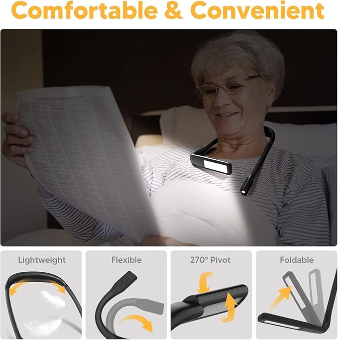 Neck Reading Light Book Lovers Gifts, Rechargeable 2000mAh 10-80Hrs Eye-friendly Wide Lamp Book Light, Birthday Mothers Day Gifts for Mom Wife Women Readers, Camping Knitting Crochet Accessories